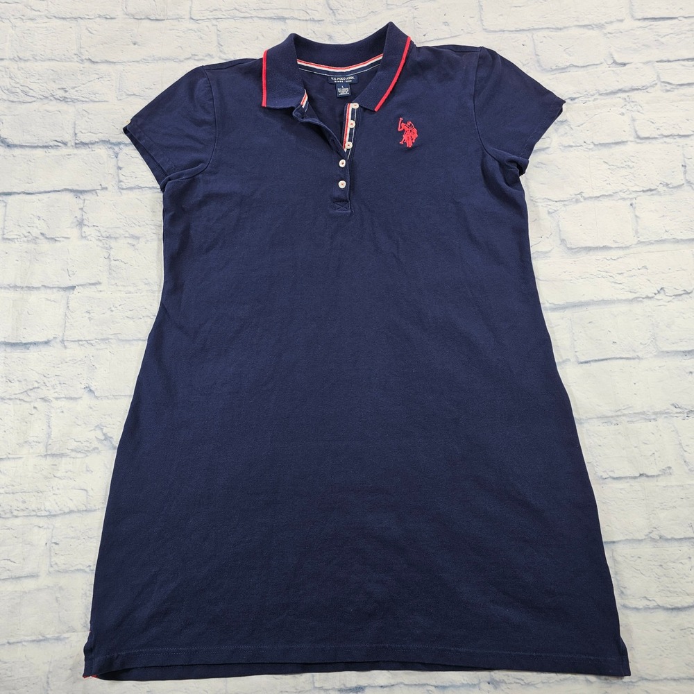US Polo Assn Polo Dress Womens L Navy Blue Red Trim Short Sleeve Preppy Sporty